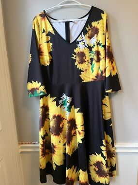 Black Sunflower Print A-Line Dress - Yellow Floral